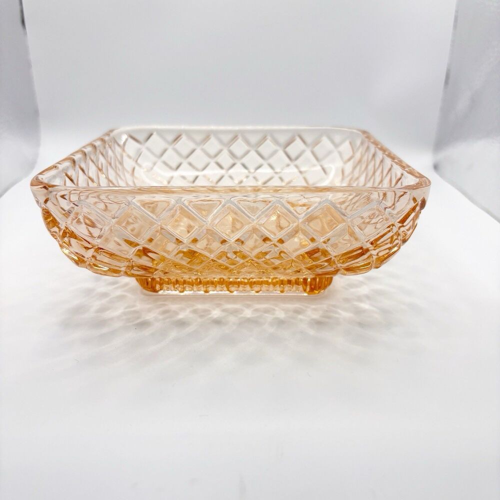 Vintage Anchor Hocking Waterford Pink Peach Square Candy Dish Diamond Pattern